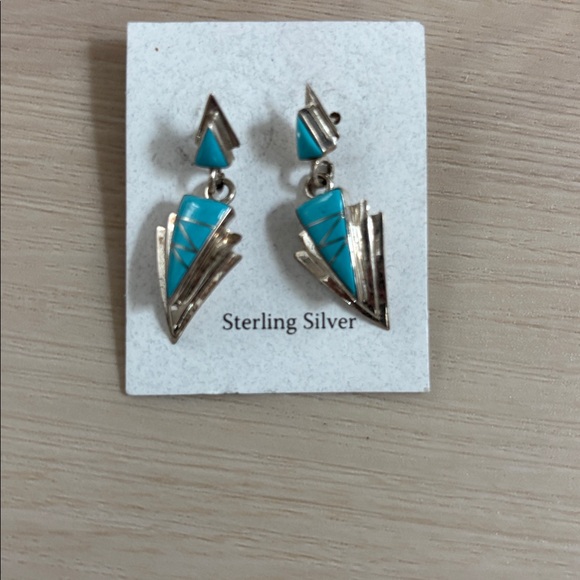 New Southwestern Turquoise Silver Inlay Post Dangle Earrings - Picture 2 of 4